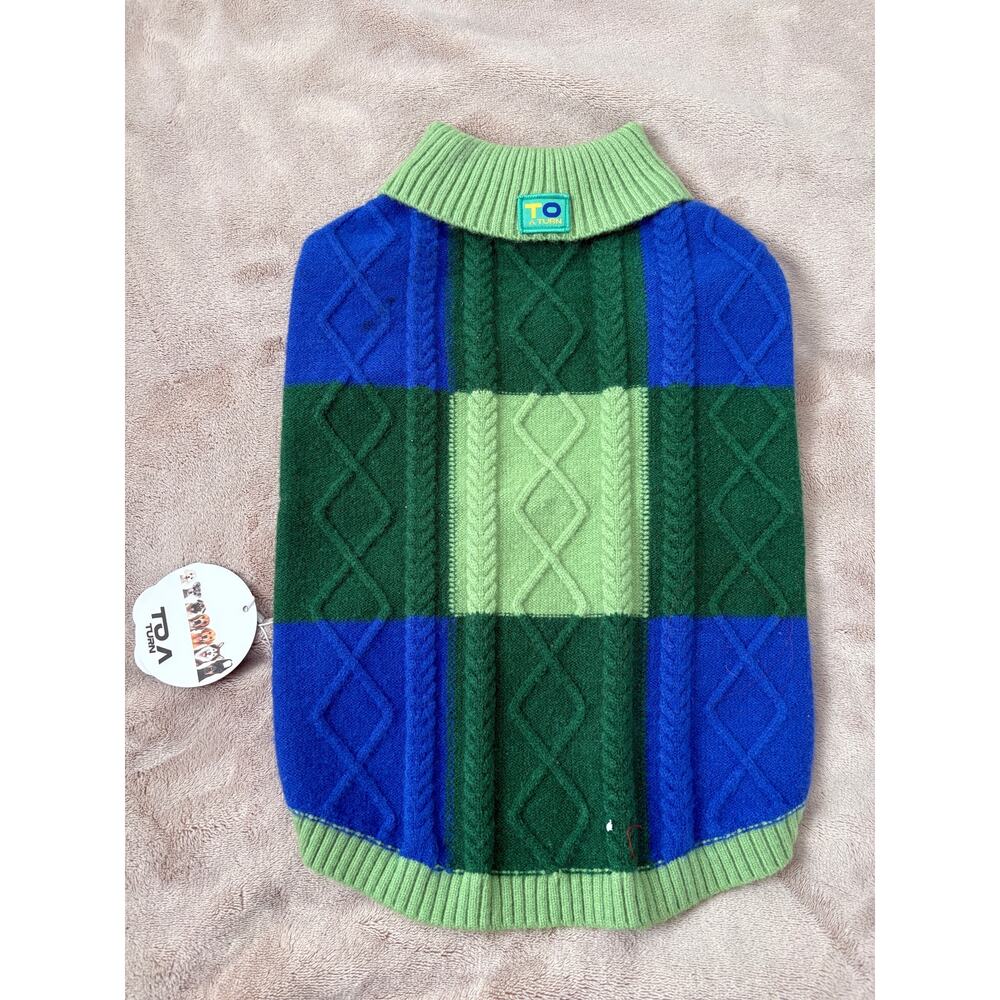 NWT To A Turn Blue Green Colorblock Cable Knit Dog Sweater XL 23-33 lbs